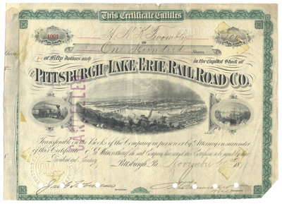 Pittsburgh and Lake Erie Railroad Company Stock Certificate Issued to Hamilton McKown Twombly