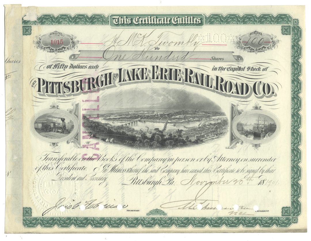 Pittsburgh and Lake Erie Railroad Company  Stock Certificate Signed by Hamilton McKown Twombly