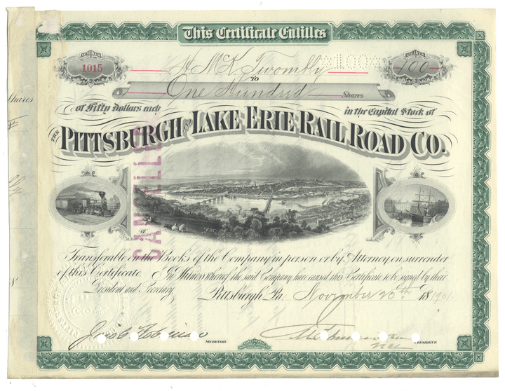 Pittsburgh and Lake Erie Railroad Company  Stock Certificate Signed by Hamilton McKown Twombly