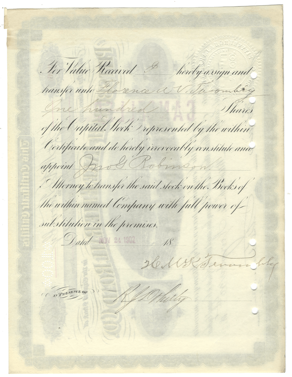 Pittsburgh and Lake Erie Railroad Company  Stock Certificate Signed by Hamilton McKown Twombly