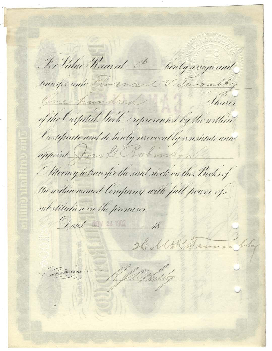 Pittsburgh and Lake Erie Railroad Company  Stock Certificate Signed by Hamilton McKown Twombly