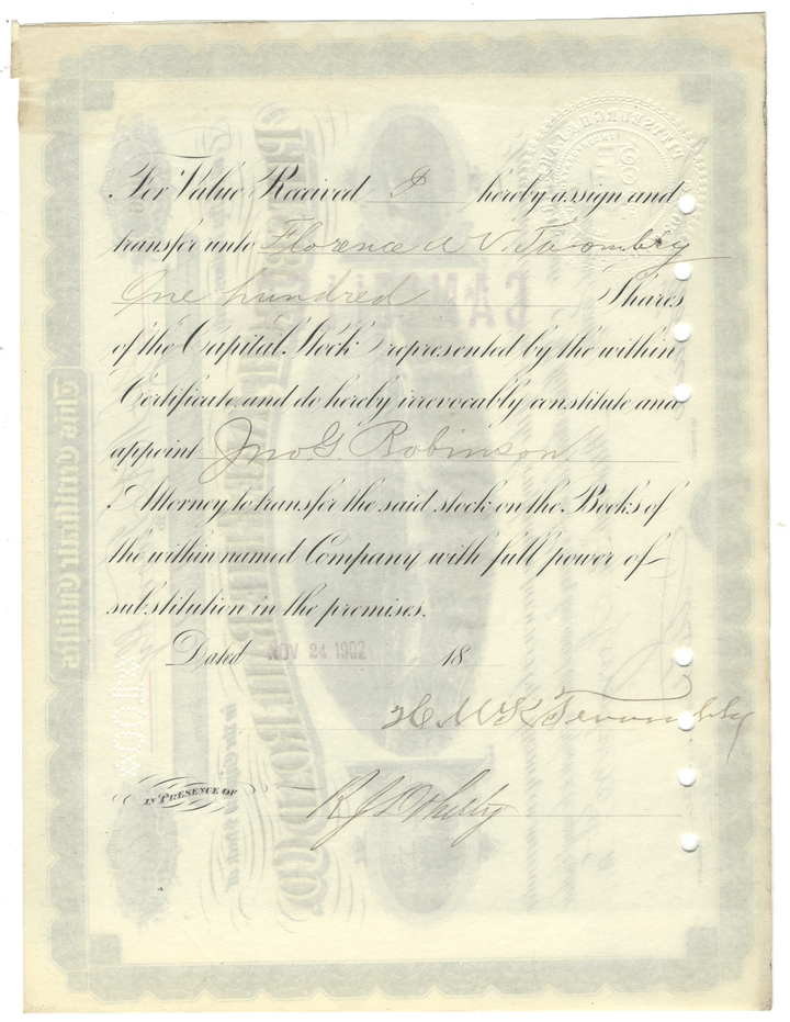 Pittsburgh and Lake Erie Railroad Company  Stock Certificate Signed by Hamilton McKown Twombly