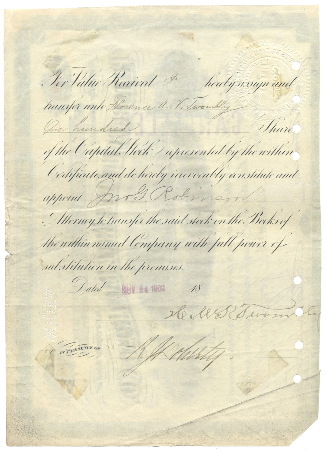 Pittsburgh and Lake Erie Railroad Company Stock Certificate Issued to Hamilton McKown Twombly