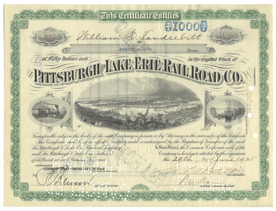 Pittsburgh and Lake Erie Railroad Company Stock Certificate Issued to William K. Vanderbilt
