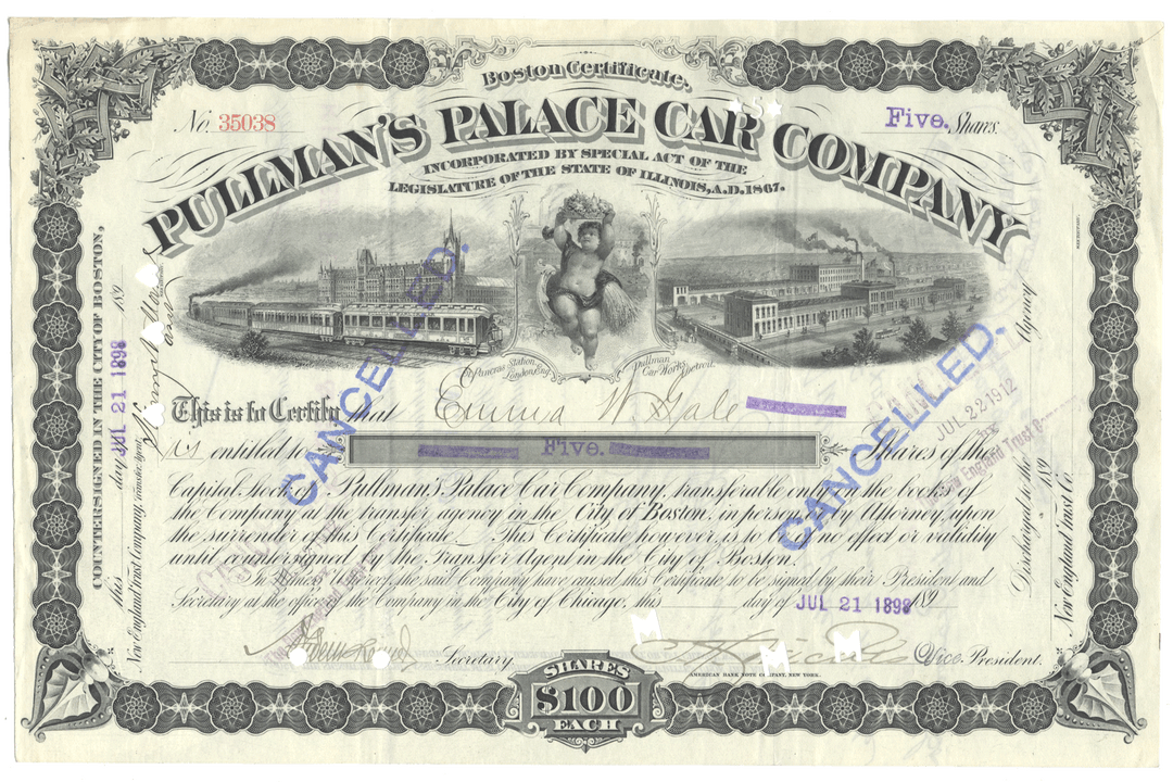 Historical stock certificate for Pullman's Palace Car Company with illustrations and text.