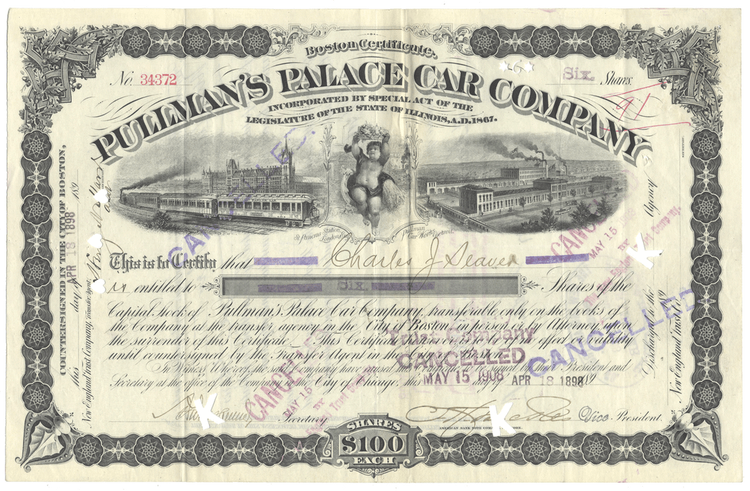 Stock certificate of Pullman's Palace Car Company with detailed design and text.
