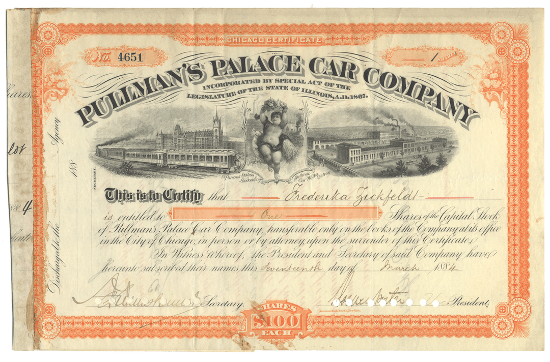 Pullman's Palace Car Company Stock Certificate Signed by Horace Porter