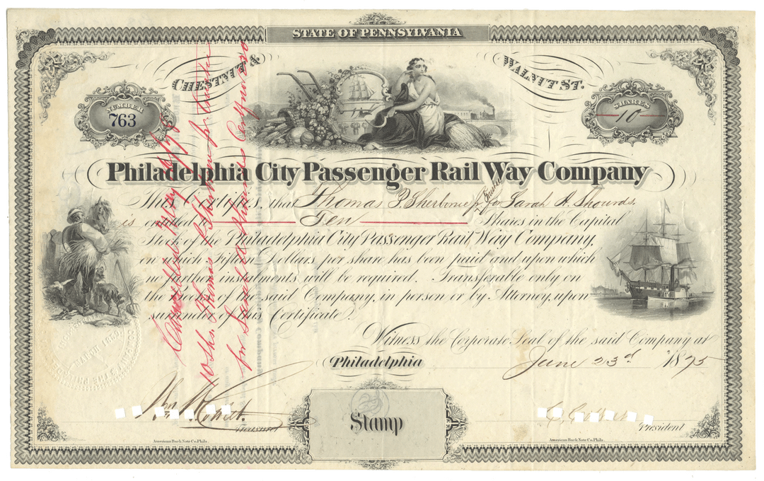 Historical stock certificate of the Philadelphia City Passenger Rail Way Company with illustrations and text.