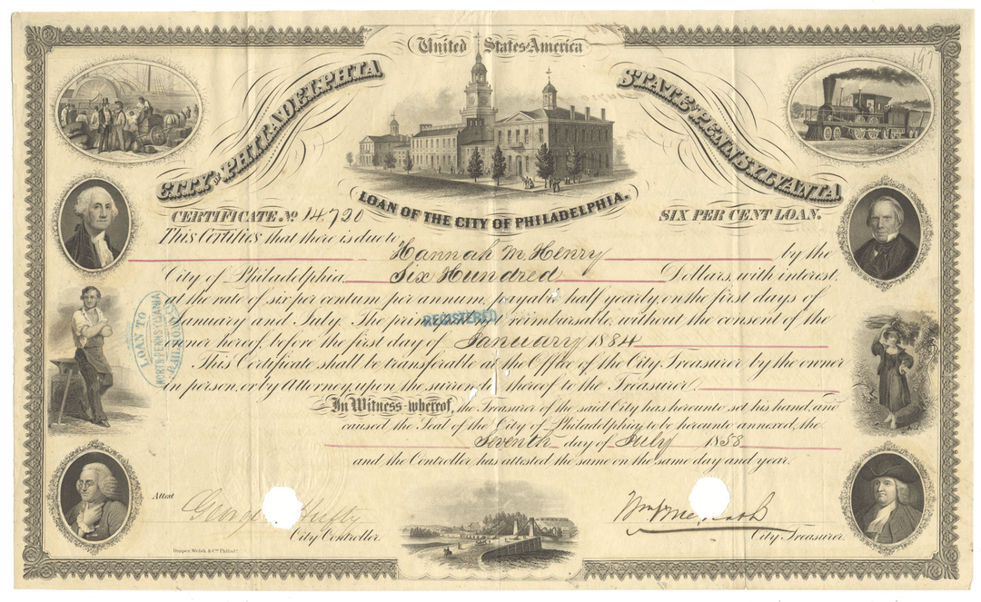 Historical document from the City of Philadelphia with various illustrations and text dated 1858