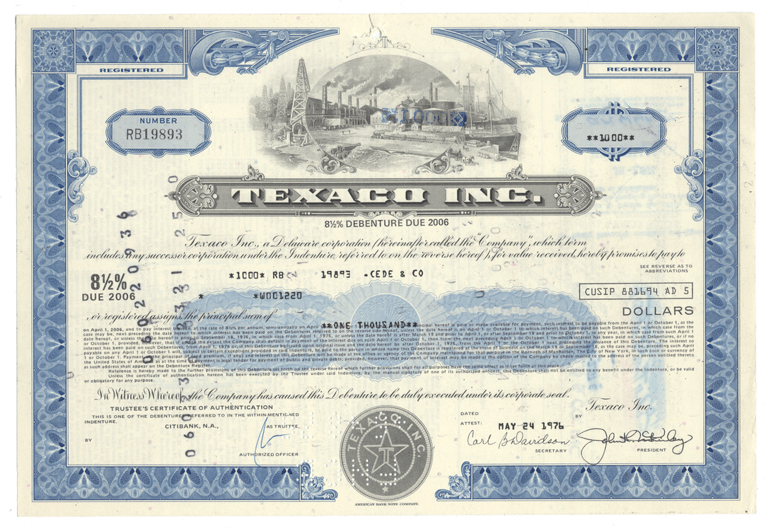 A vintage Texaco Inc. bond certificate from 1976