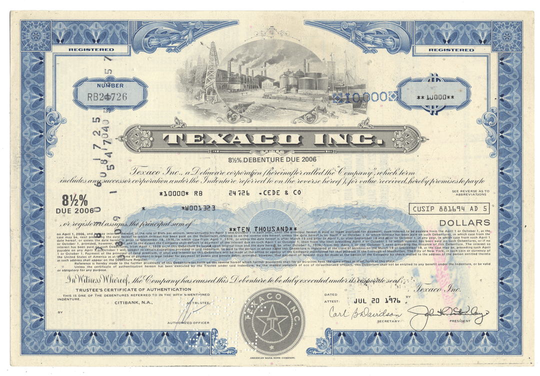 Vintage Texaco Inc. bond certificate