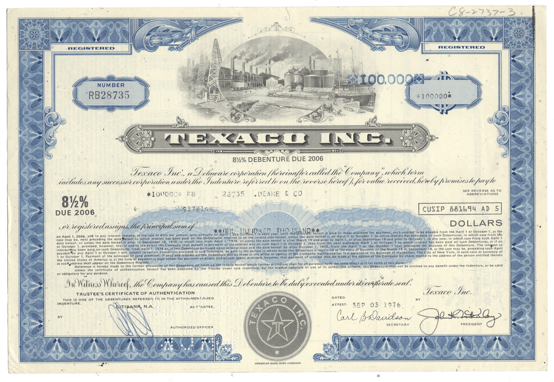 Texaco bond certificate from 1976