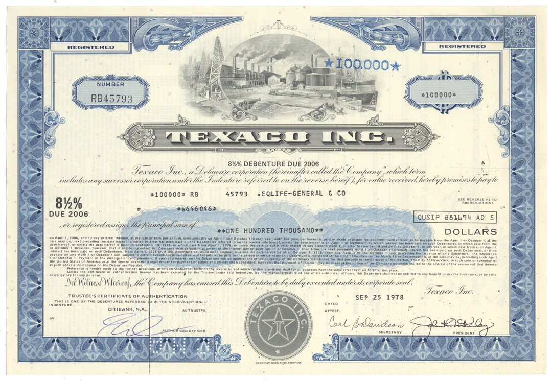 Texaco Inc. Bond Certificate