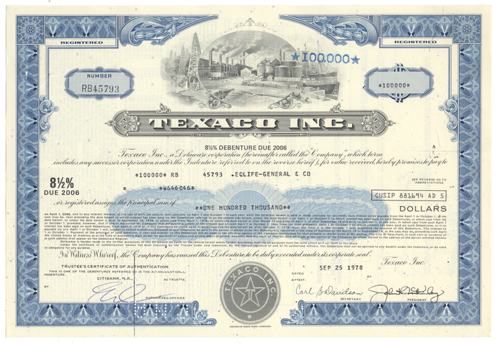 Texaco Inc. Bond Certificate