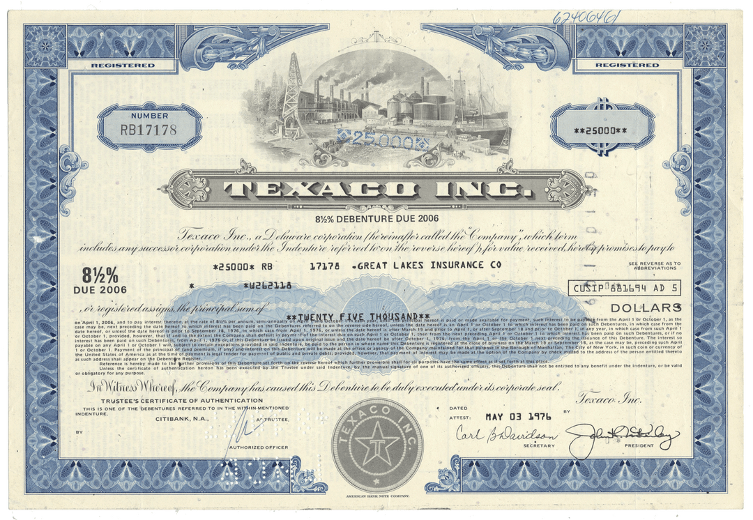 Vintage Texaco Inc. bond certificate from 1976
