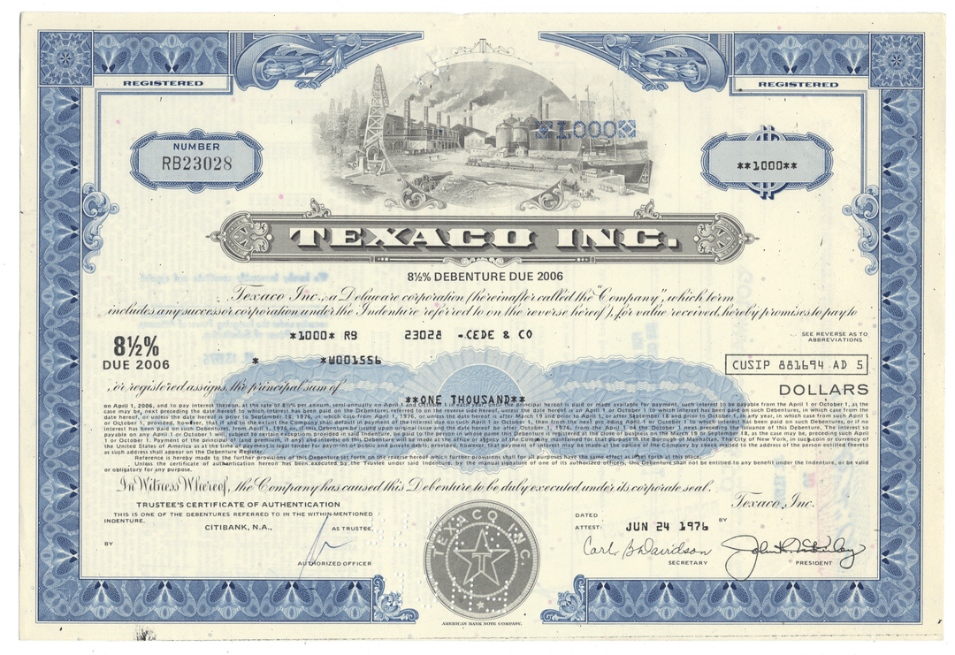 Vintage Texaco Inc. bond certificate from 1976