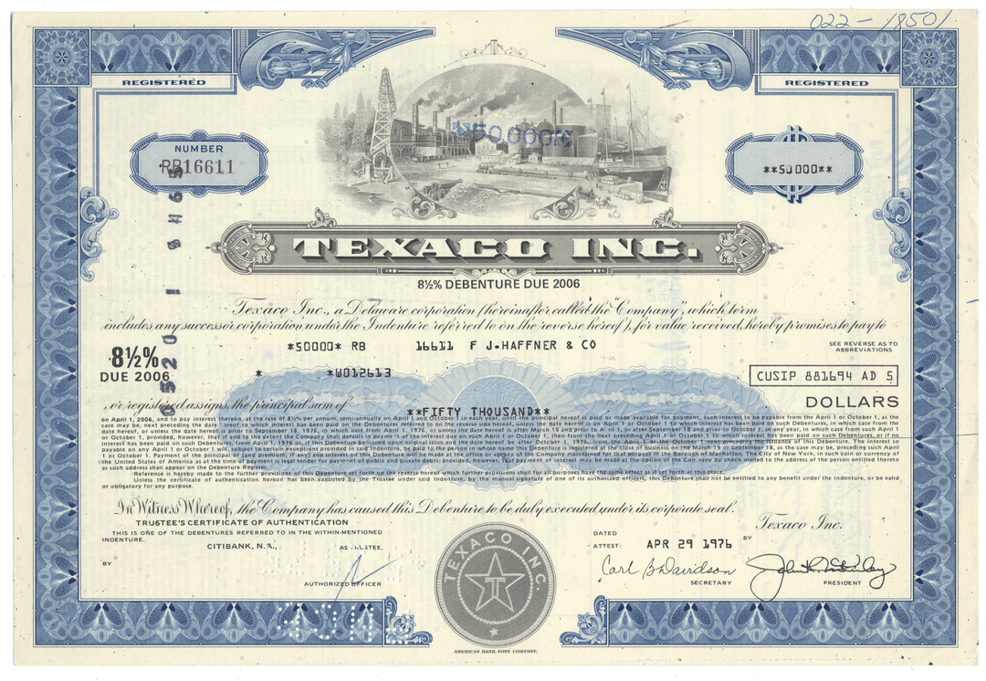 Vintage Texaco Inc. bond certificate with blue and white design