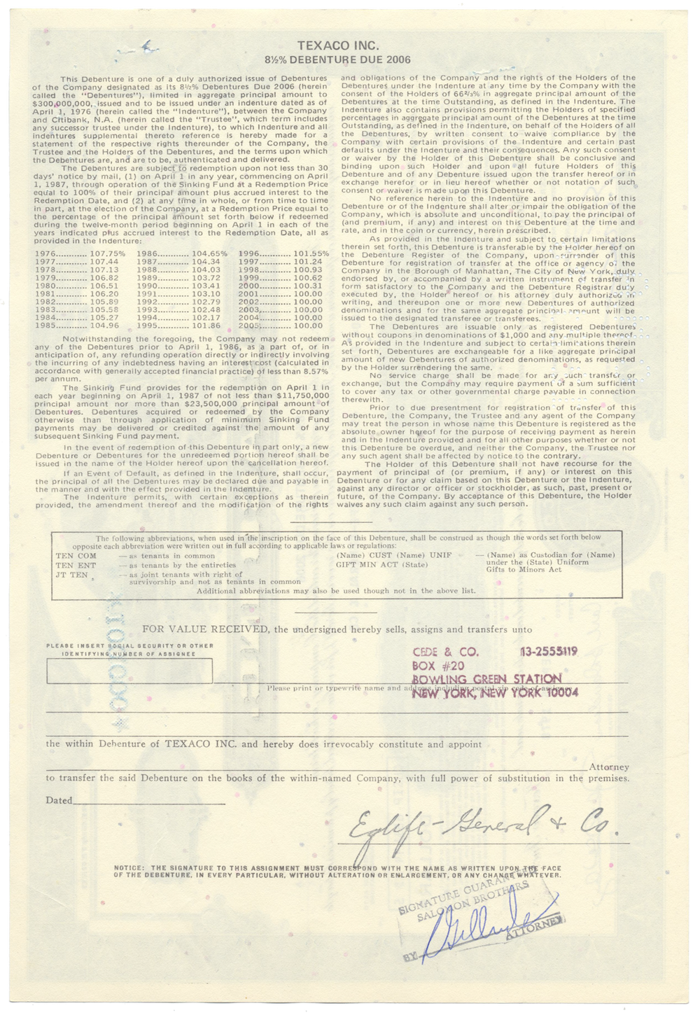 Texaco Inc. Bond Certificate