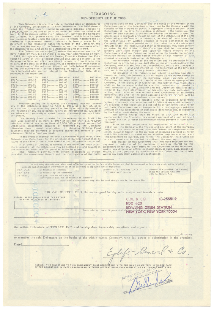 Texaco Inc. Bond Certificate