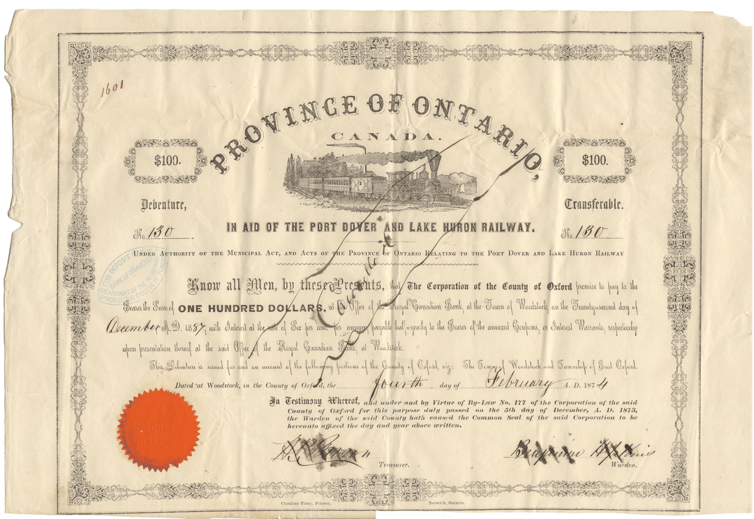 A rare antique vintage bond certificate from the Province of Ontario for the Port Dover and Lake Huron Railway, dated 1874