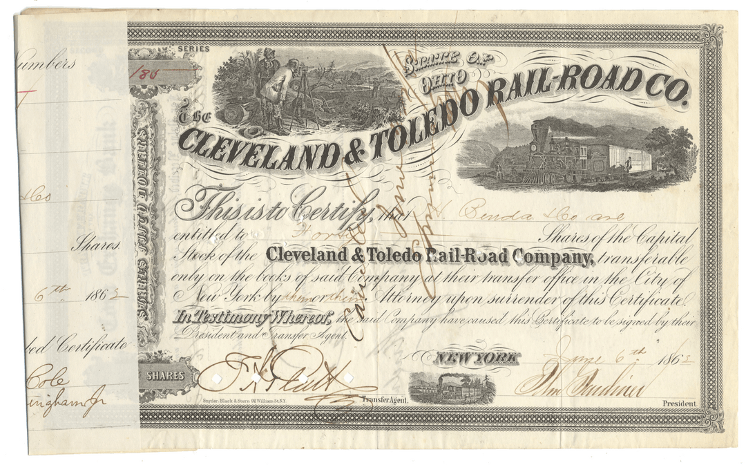 Historical stock certificate for Cleveland & Toledo Rail Road Co. with decorative elements and text.