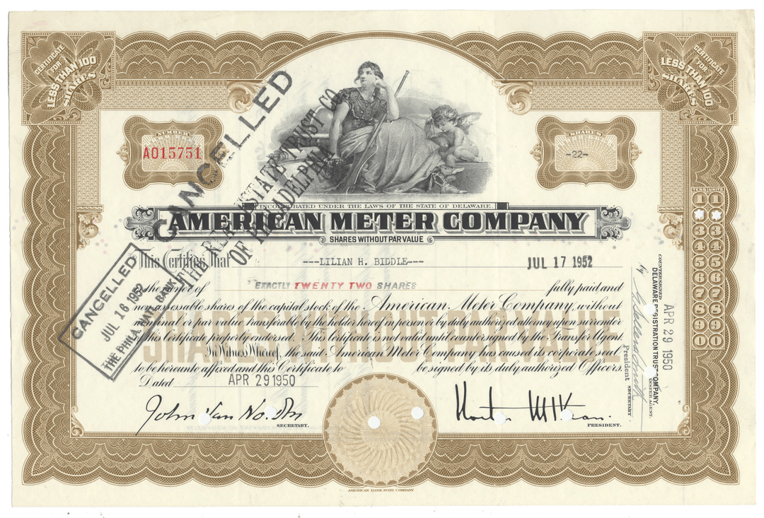 Vintage stock certificate of the American Meter Company with decorative elements and text.