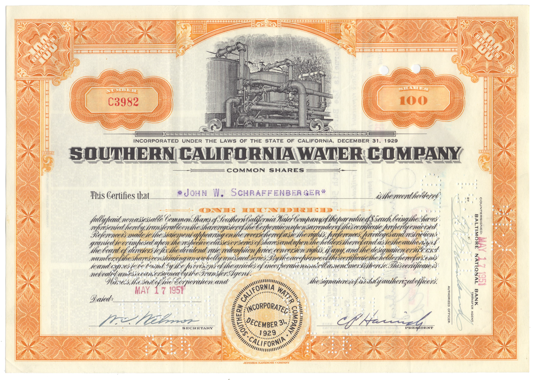 Southern California Water Company Stock Certificate