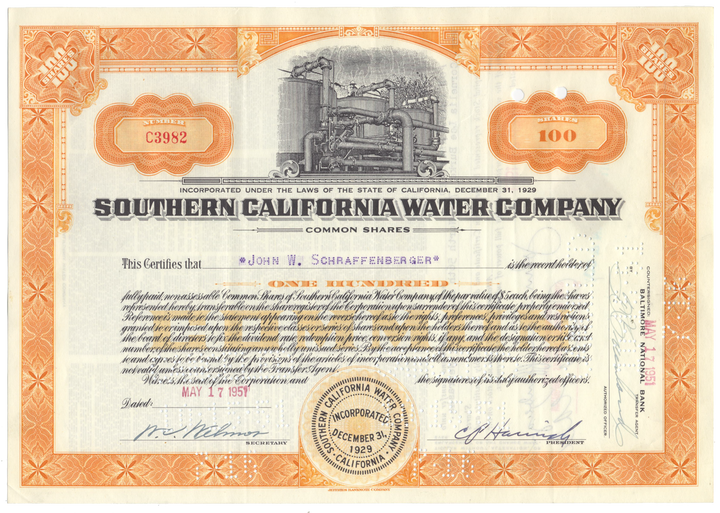 Southern California Water Company Stock Certificate