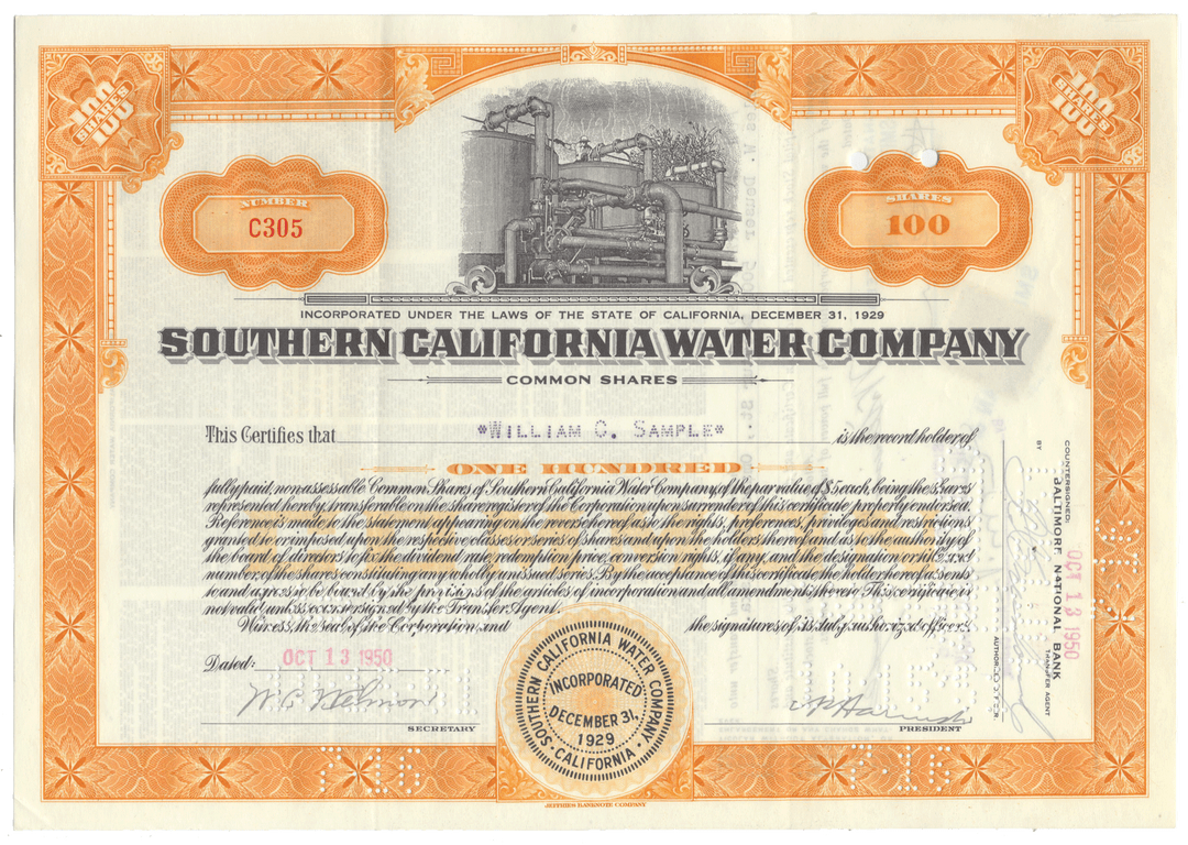 Southern California Water Company stock certificate with decorative border and water-related imagery.