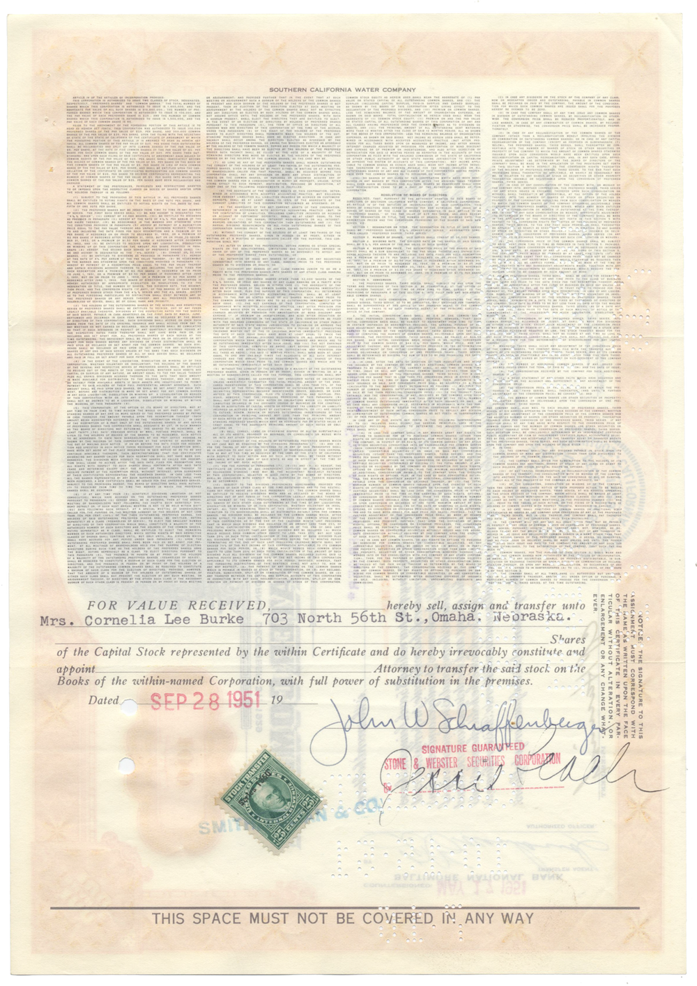 Southern California Water Company Stock Certificate