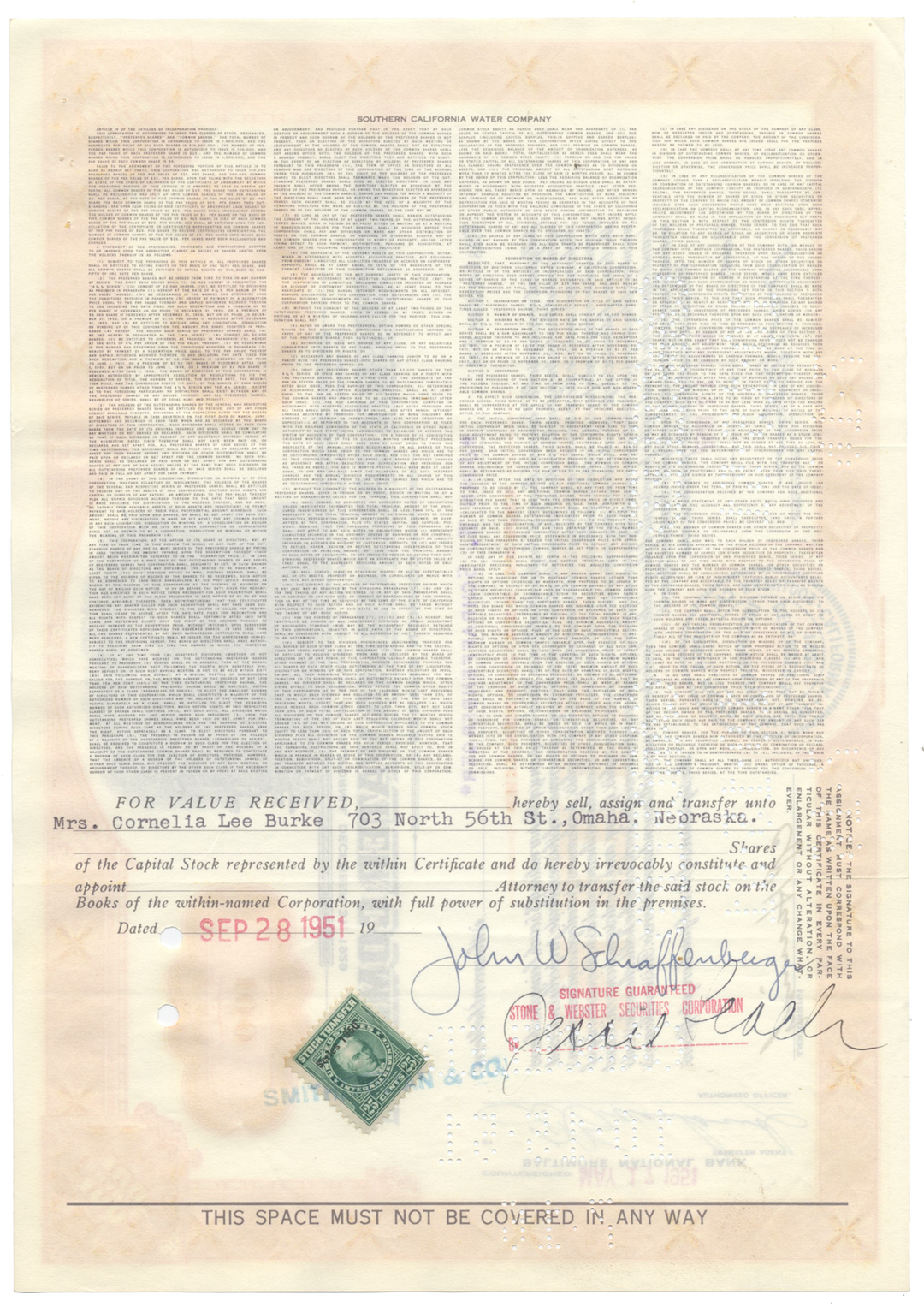 Southern California Water Company Stock Certificate