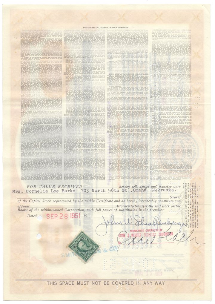 Southern California Water Company Stock Certificate