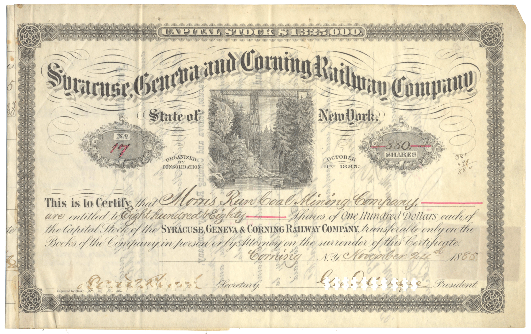 Syracuse, Geneva and Corning Railway Company Stock Certificate