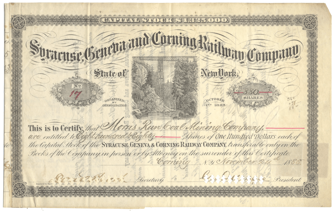 Syracuse, Geneva and Corning Railway Company Stock Certificate