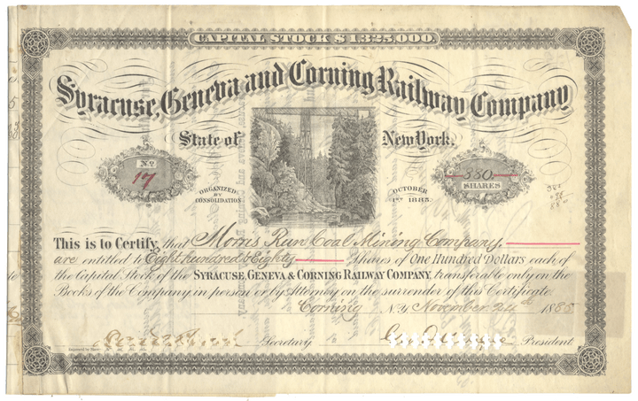 Syracuse, Geneva and Corning Railway Company Stock Certificate