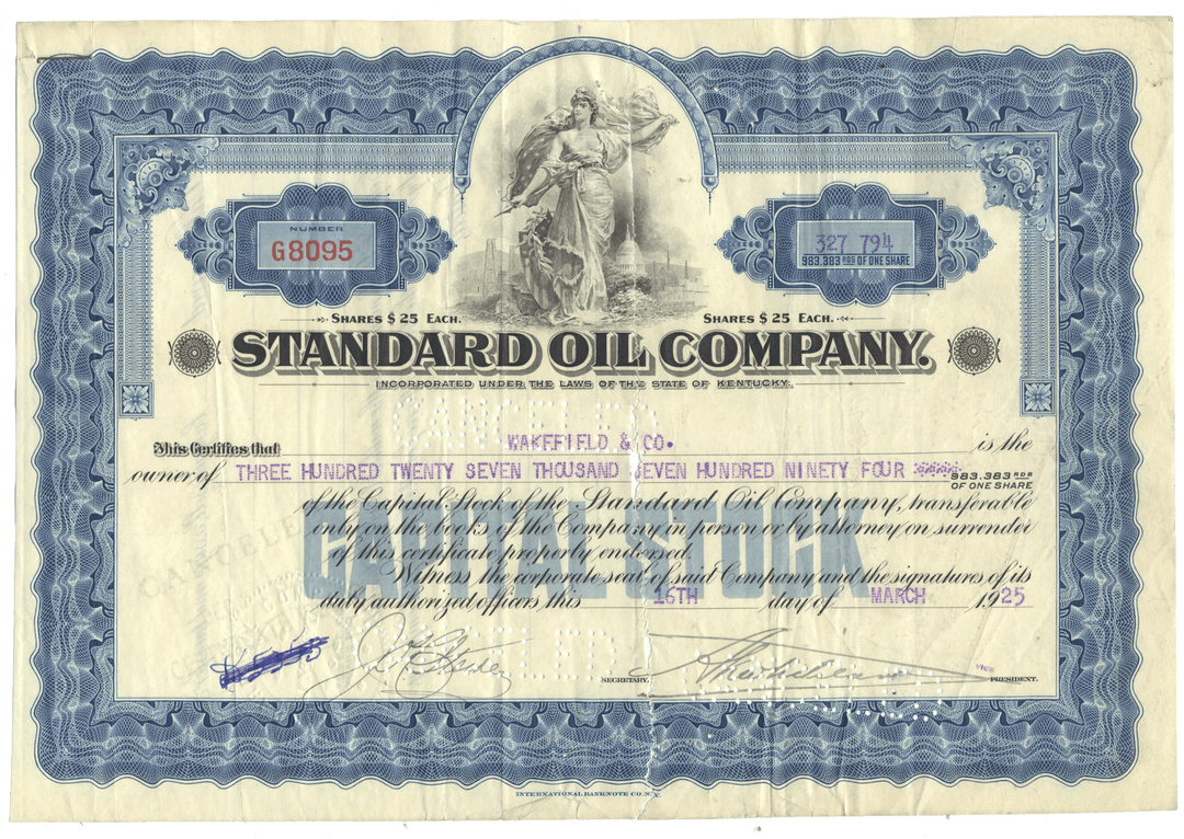 Vintage stock certificate of the Standard Oil Company of Kentucky from 1925