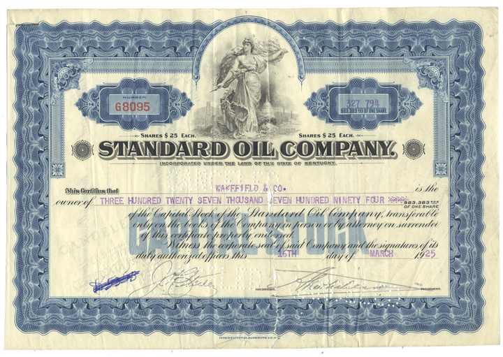 Vintage stock certificate of the Standard Oil Company of Kentucky from 1925