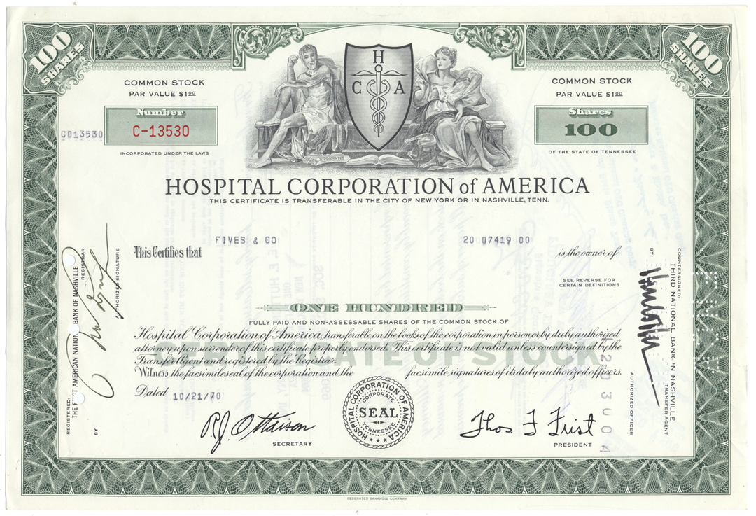 Hospital Corporation of America Stock Certificate