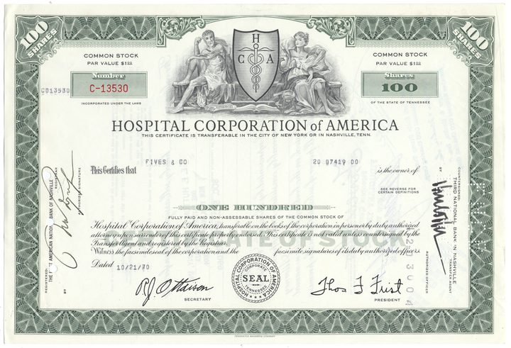 Hospital Corporation of America Stock Certificate