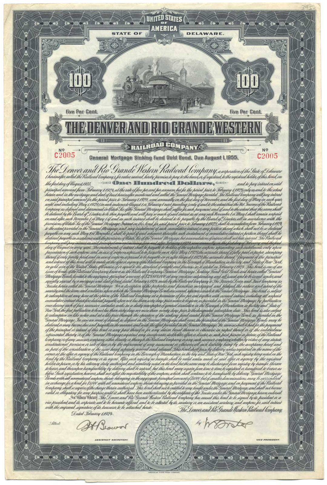 Denver and Rio Grande Western Railroad Company Bond Certificate