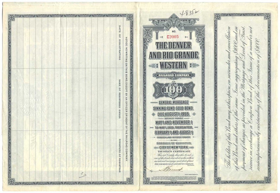 Denver and Rio Grande Western Railroad Company Bond Certificate