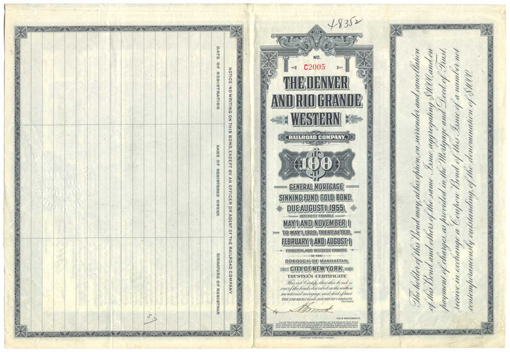 Denver and Rio Grande Western Railroad Company Bond Certificate