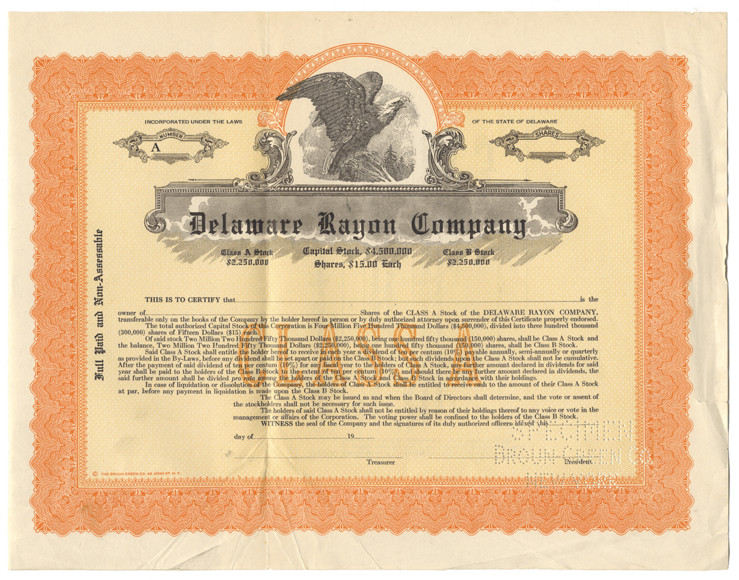 Delaware Rayon Company Specimen Stock Certificate