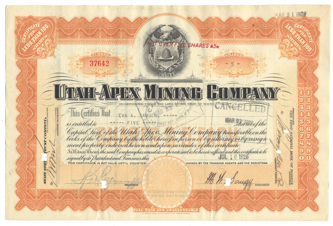 A vintage Utah-Apex Mining Company stock certificate dated 1926