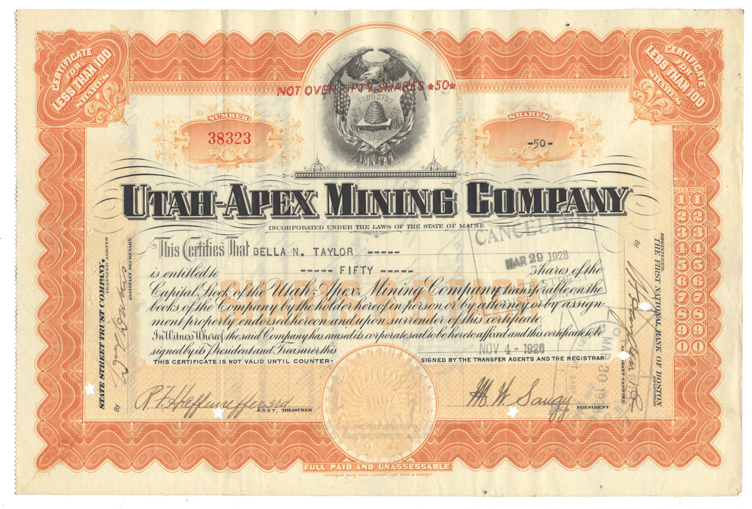 A vintage Utah-Apex Mining Company stock certificate dated 1926
