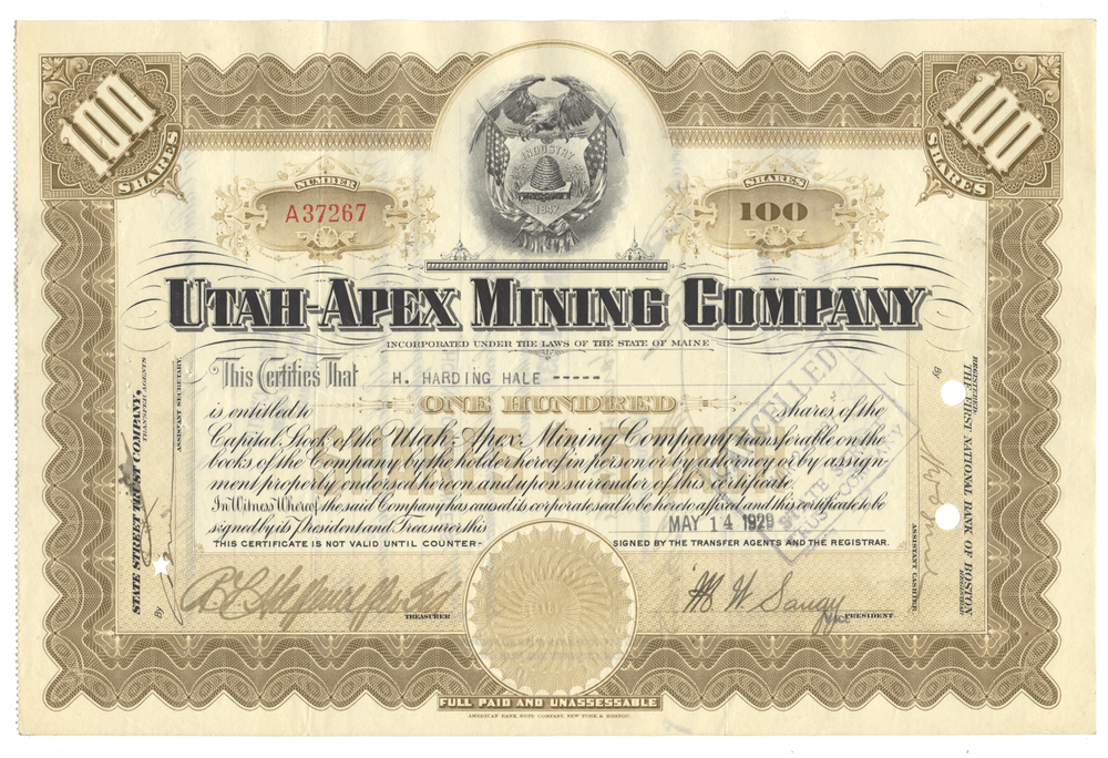 Utah-Apex Mining Company Stock Certificate
