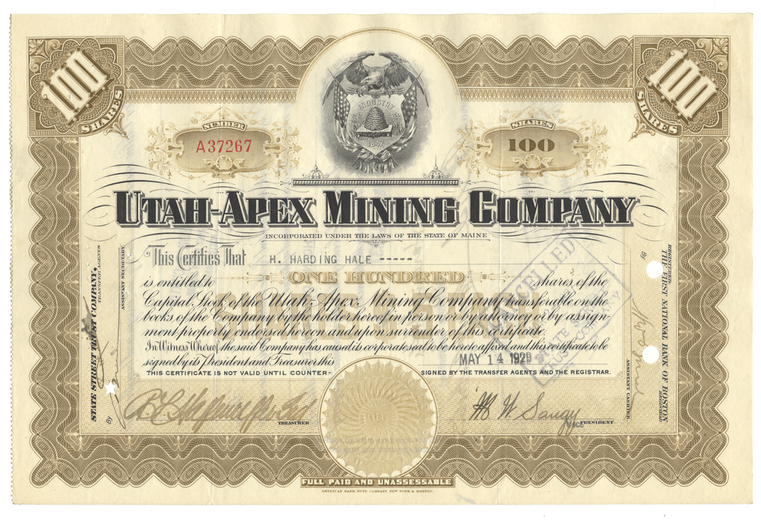 Utah-Apex Mining Company Stock Certificate