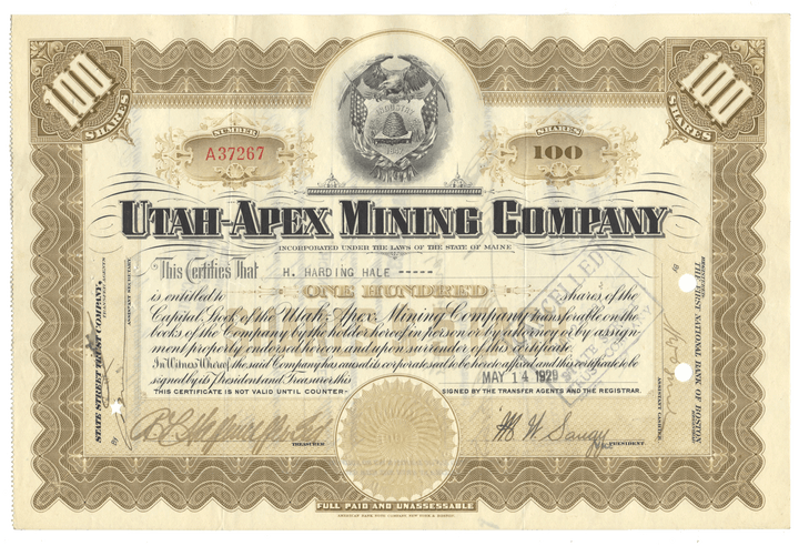 Utah-Apex Mining Company Stock Certificate