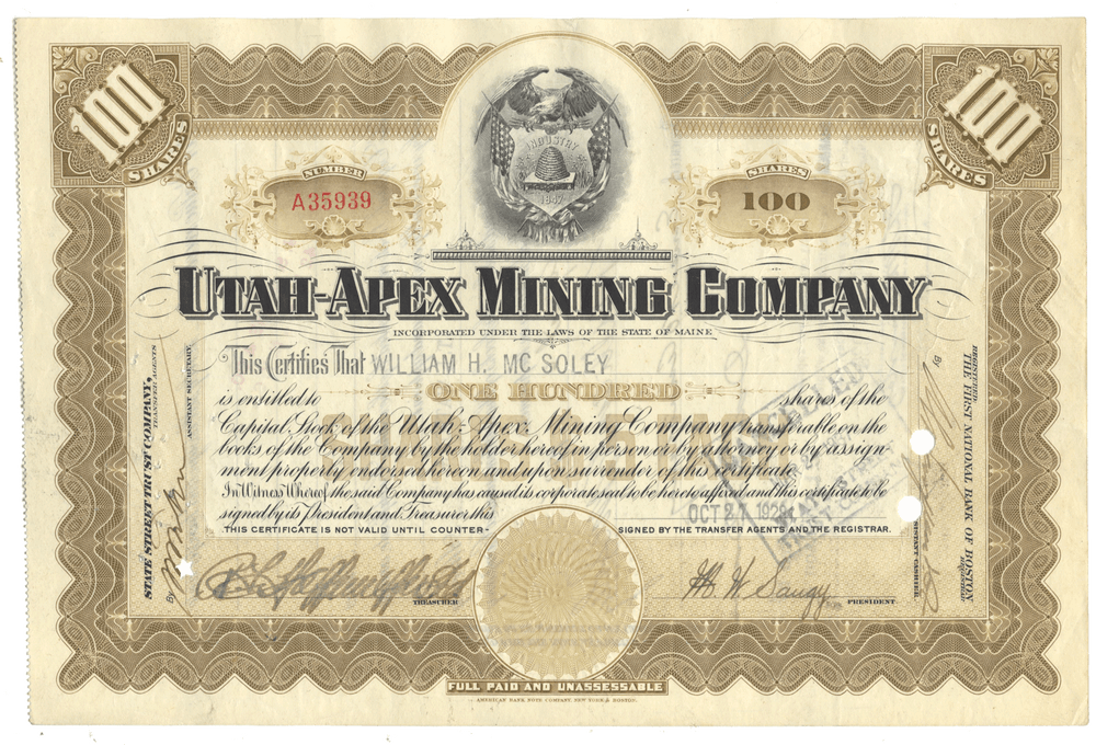 Vintage Utah-Apex Mining Company stock certificate with intricate design and text.