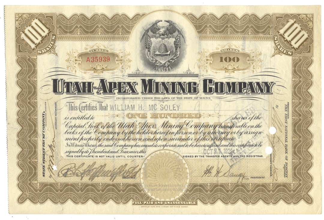 Vintage Utah-Apex Mining Company stock certificate with intricate design and text.